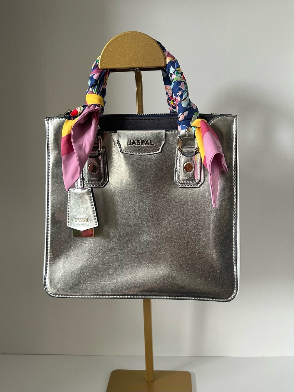 Jaspal Silver Metallic Tote with Pink Accent Scarf-Wrapped Handles